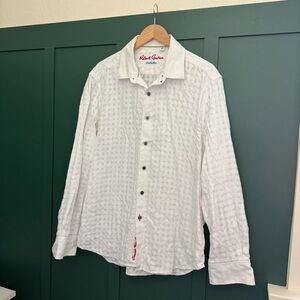 Robert Graham White Textured Collared Button Down Checkered Print